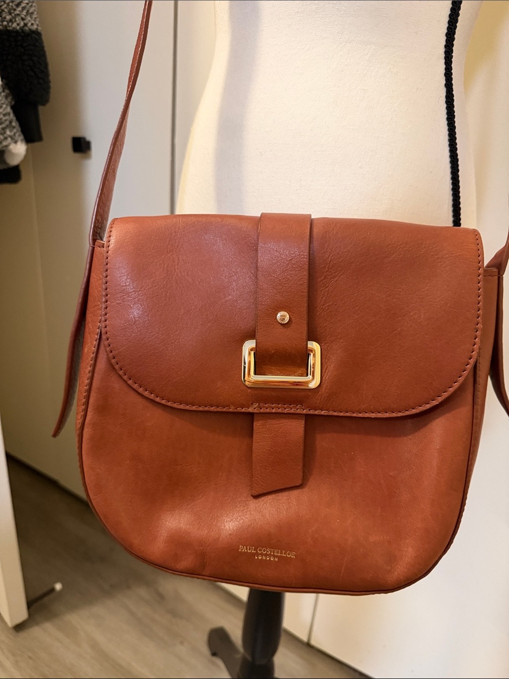 Paul Costelloe London Brown Leather Crossbody Bag with Gold Buckle
